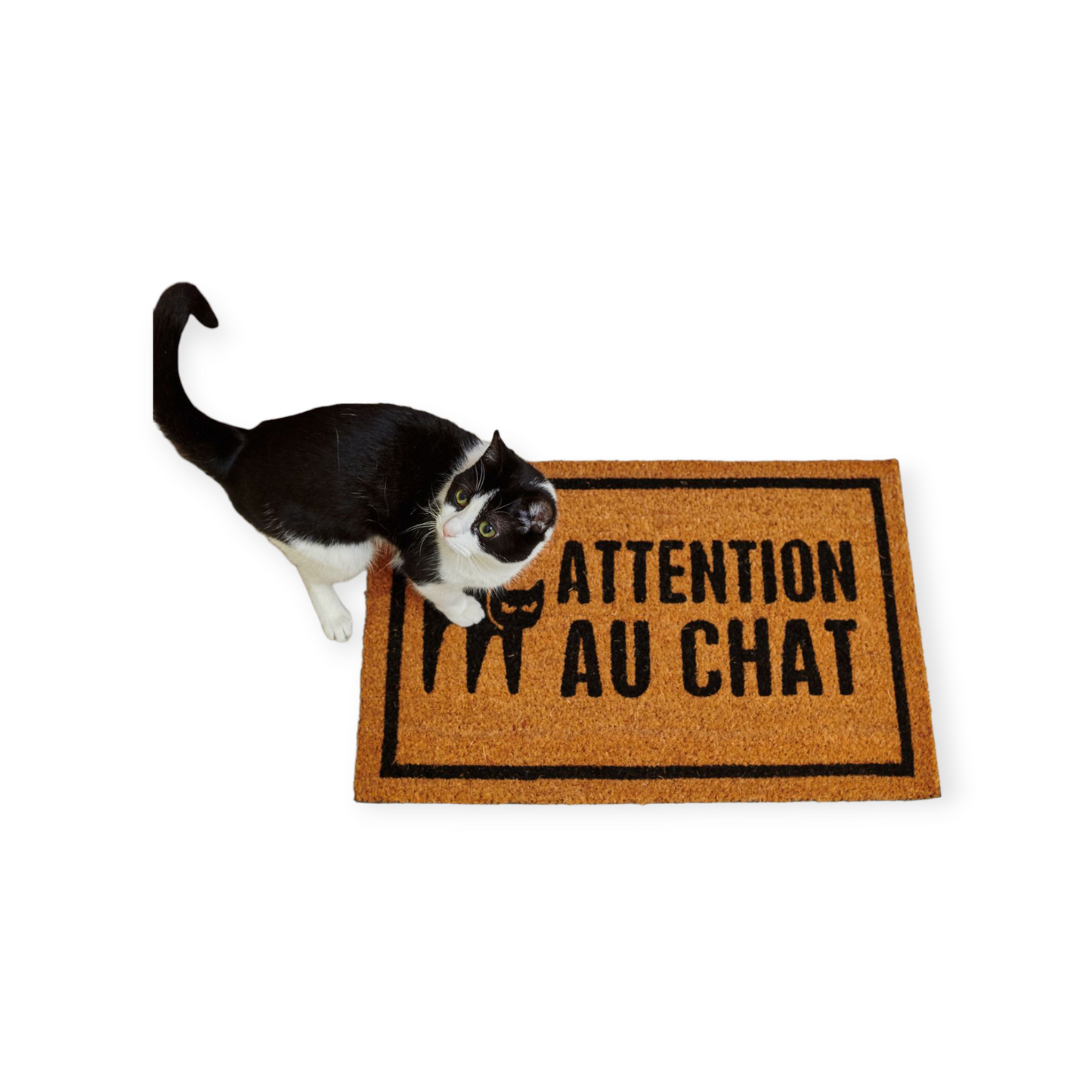 Paillasson Attention au chat – Fibres de coco naturelles, dos antidérapan