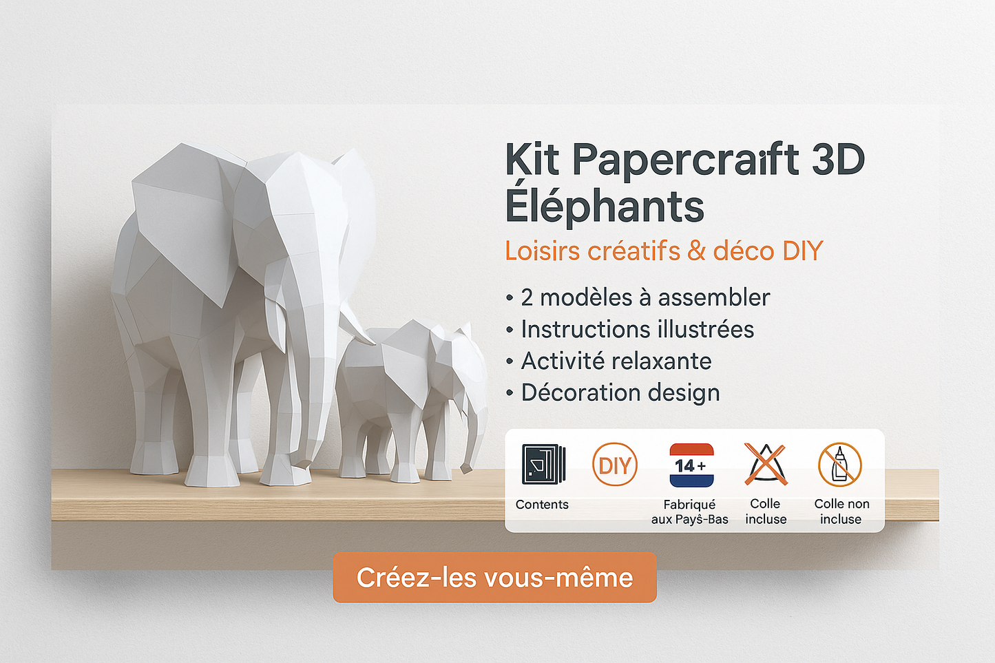 Éléphants Papercraft 3D – Kit créatif et décoratif DIY