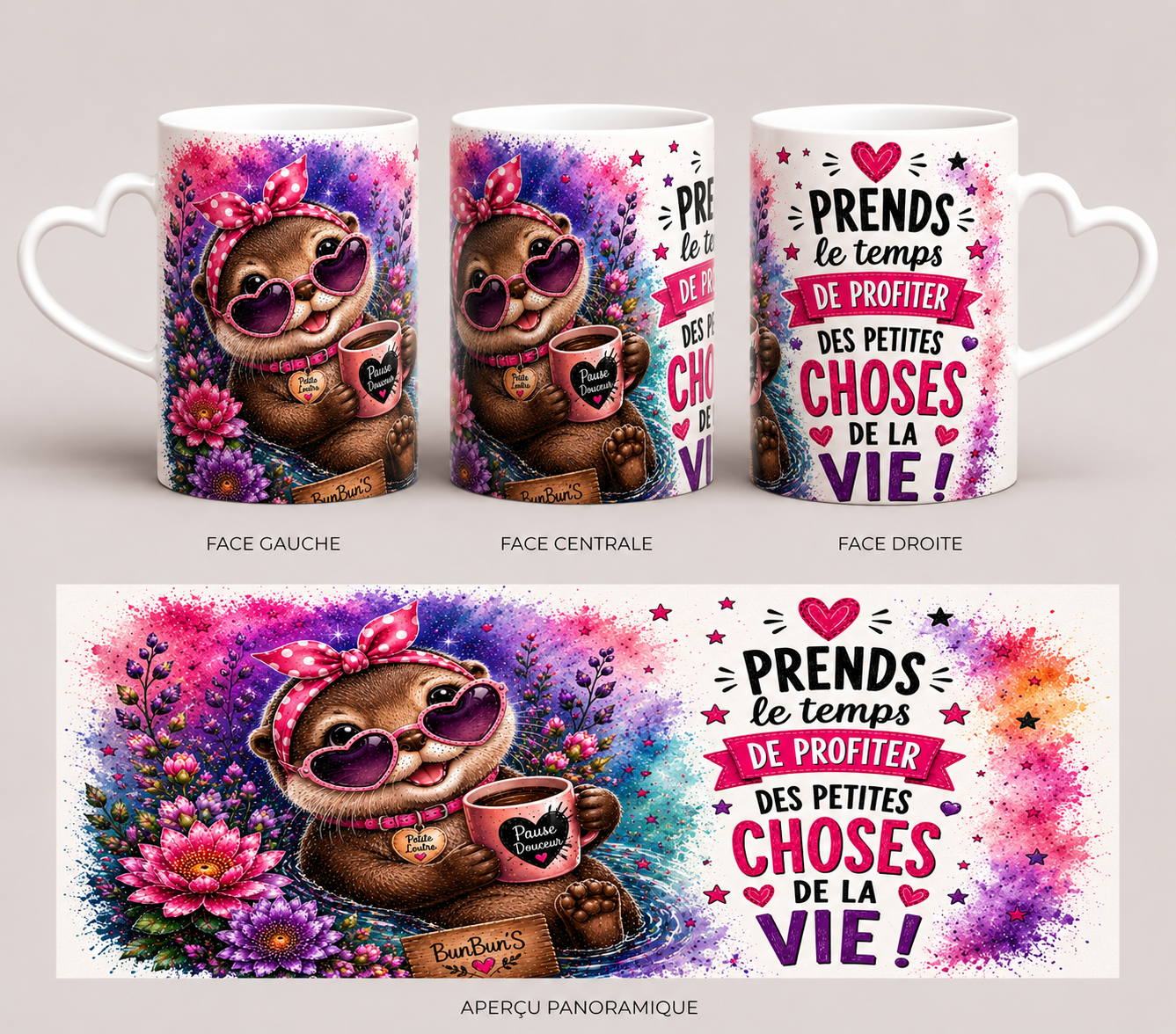 Prends Le Temps De Profiter | Mug Anse Cœur 11 oz ou Tumbler Isotherme 20 oz | Loutre Floral | Positive Attitude