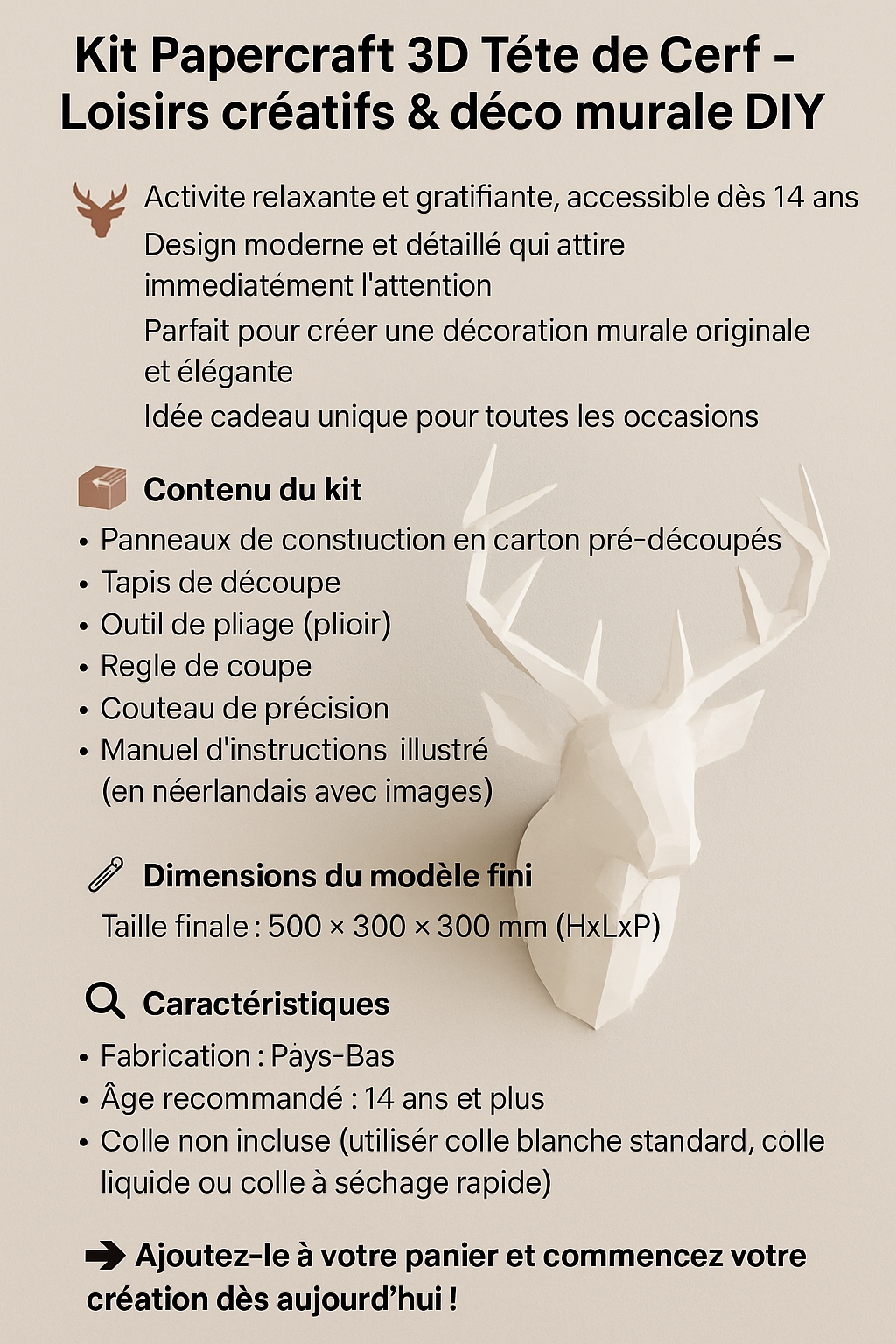 Tête de cerf Papercraft 3D – Kit de bricolage mural DIY