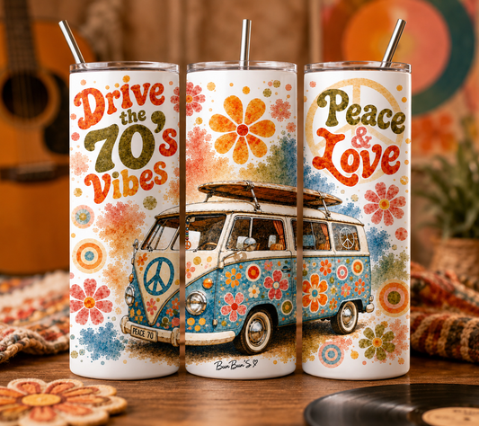 Gobelet Isotherme Combi Van 70's "Peace & Love" 20oz – Tumbler Rétro | Vintage avec Paille Métal