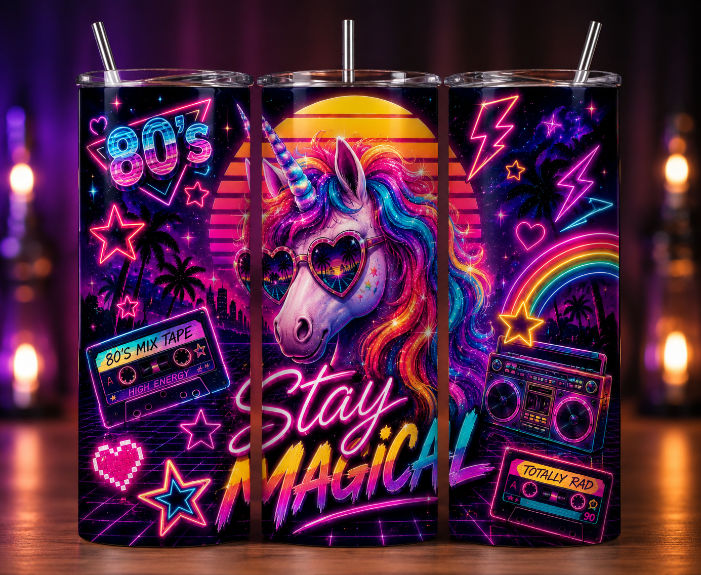 Gobelet Isotherme Licorne " Stay Magical 80's" 20oz – Tumbler Rétro avec Paille Métal