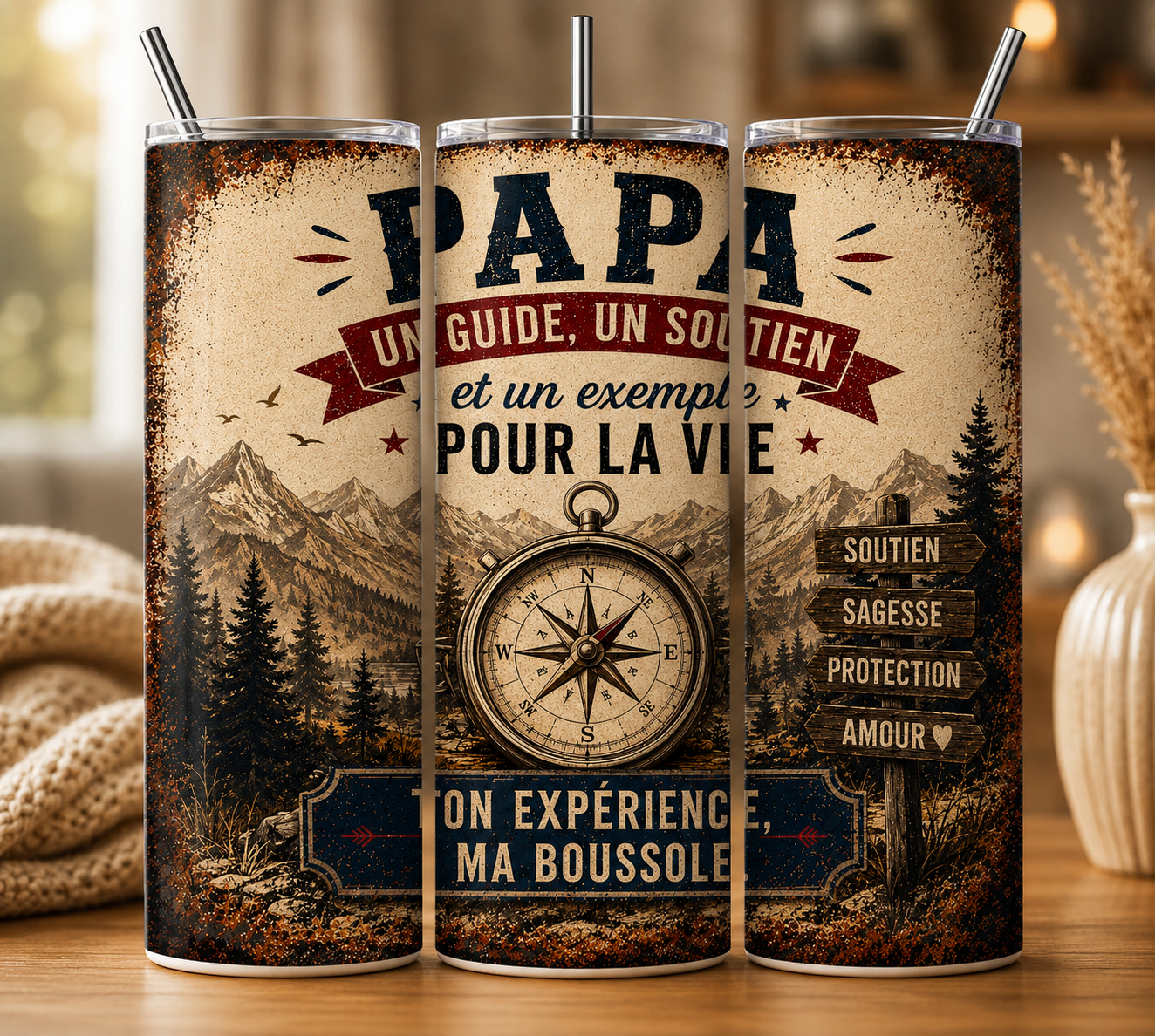 Gobelet Isotherme PAPA effet plaque "Plusieurs Modèles Disponibles" 20oz – Tumbler Papa avec Paille Métal