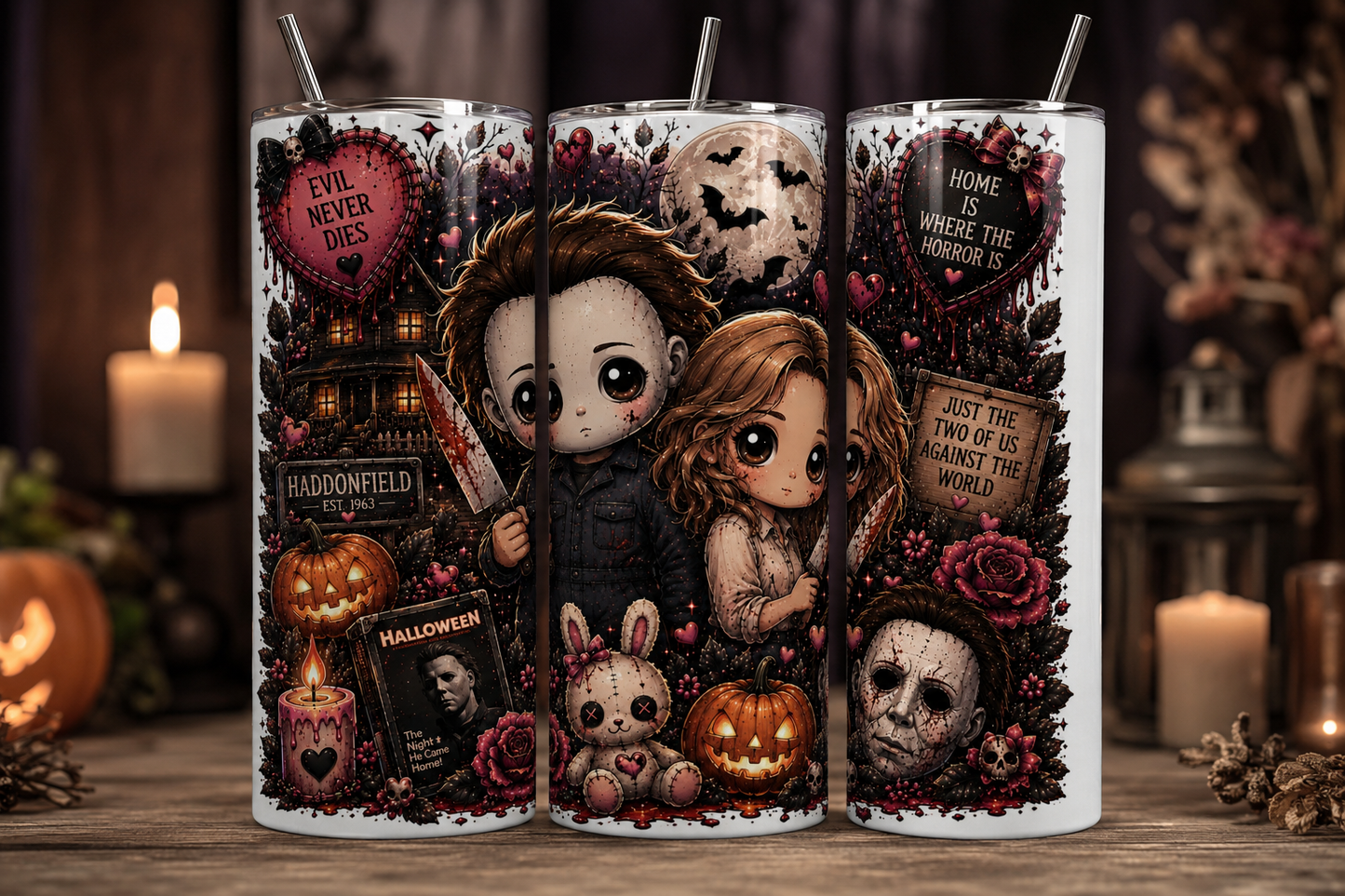 Gobelet Isotherme Michael Myers + Laurie "Halloween" 20oz – Tumbler Horreur Chibi avec Paille Métal