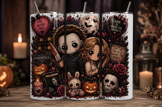 Gobelet Isotherme Michael Myers + Laurie "Halloween" 20oz – Tumbler Horreur Chibi avec Paille Métal