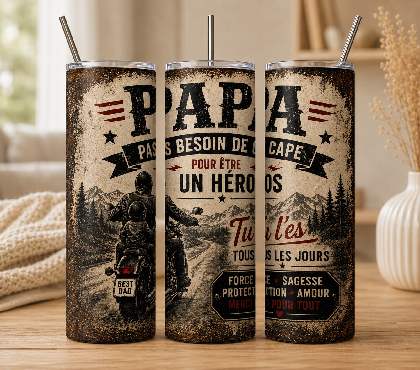 Gobelet Isotherme PAPA effet plaque "Plusieurs Modèles Disponibles" 20oz – Tumbler Papa avec Paille Métal
