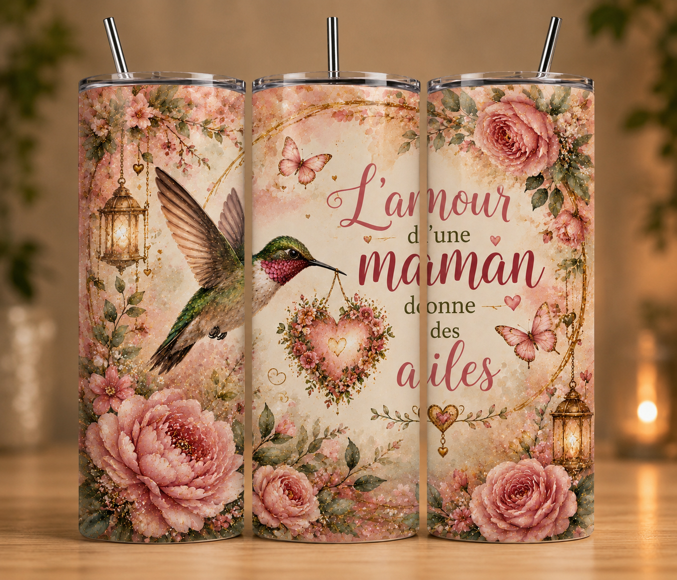 Gobelet Isotherme Colibri "L'Amour d'une Maman" 20oz – Tumbler Maman avec Paille Métal