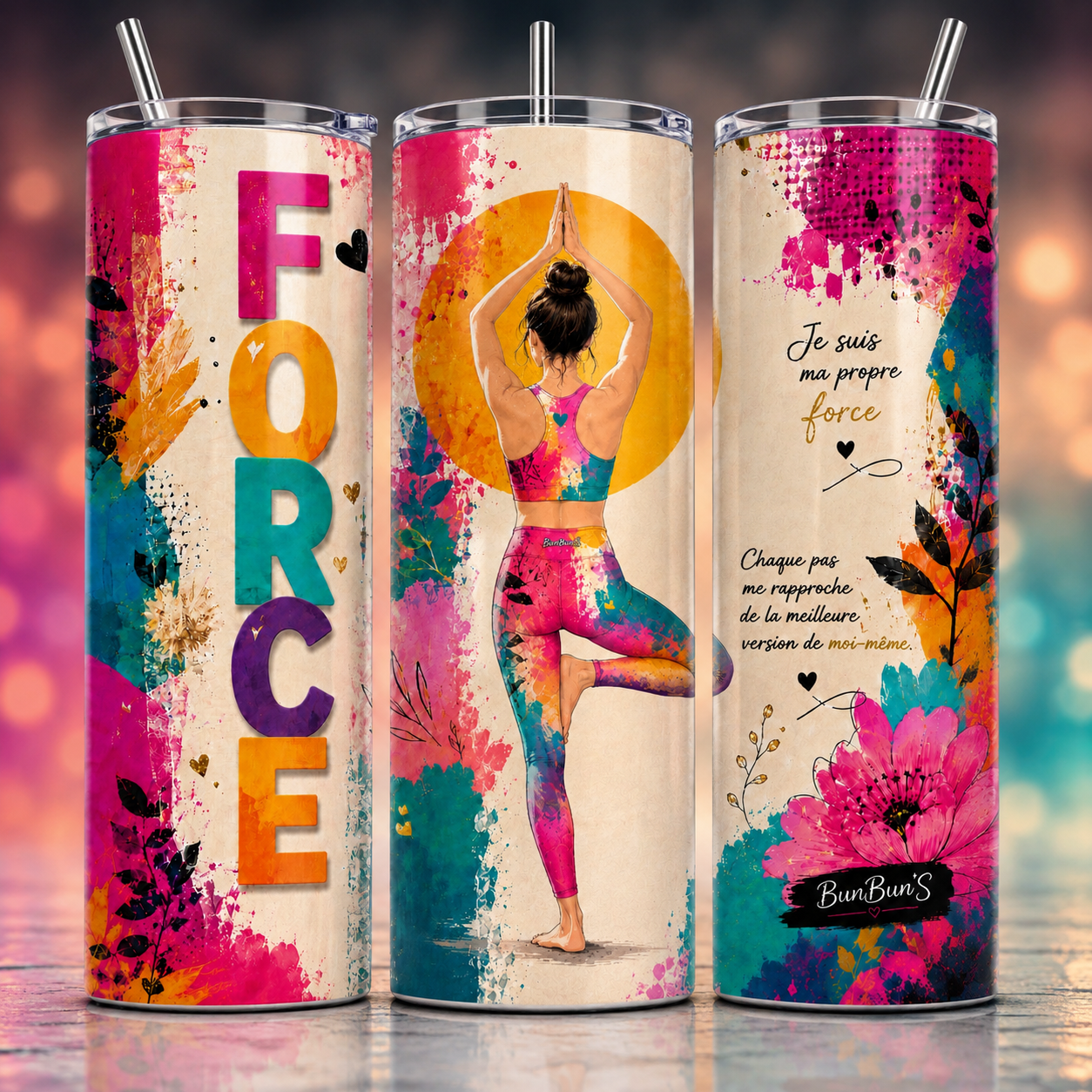 Gobelet Isotherme Yoga "Force" 20oz – Tumbler Ondes Positives avec Paille Métal