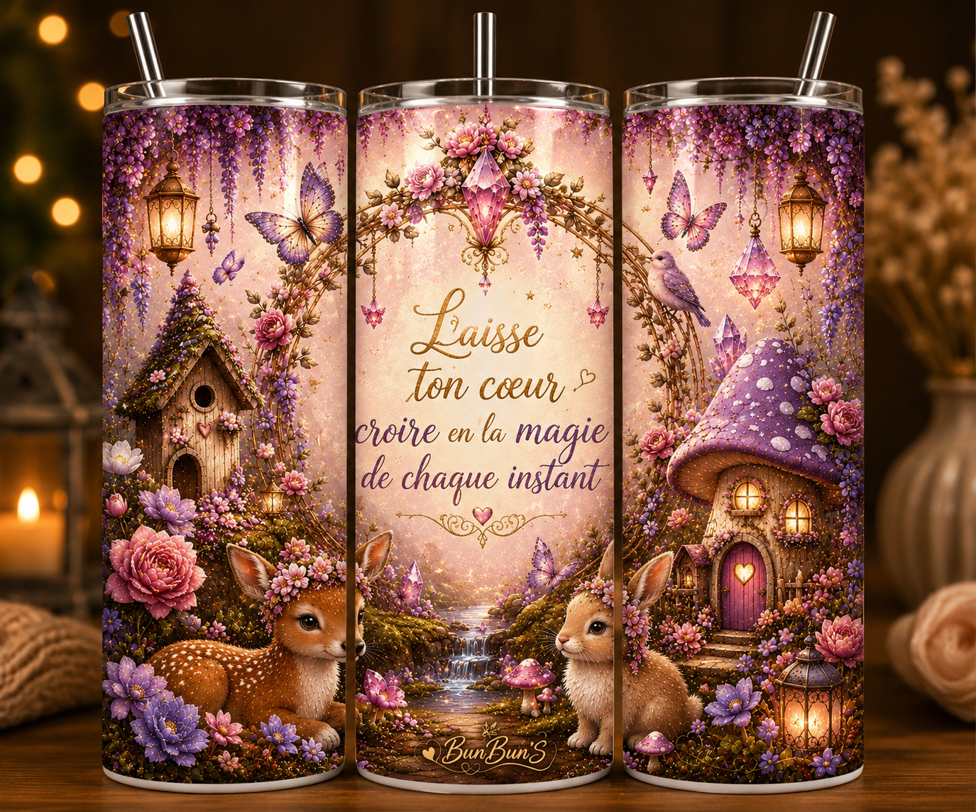 Gobelet Isotherme Faon + Lapin 20oz – Tumbler Féérique avec Paille Métal