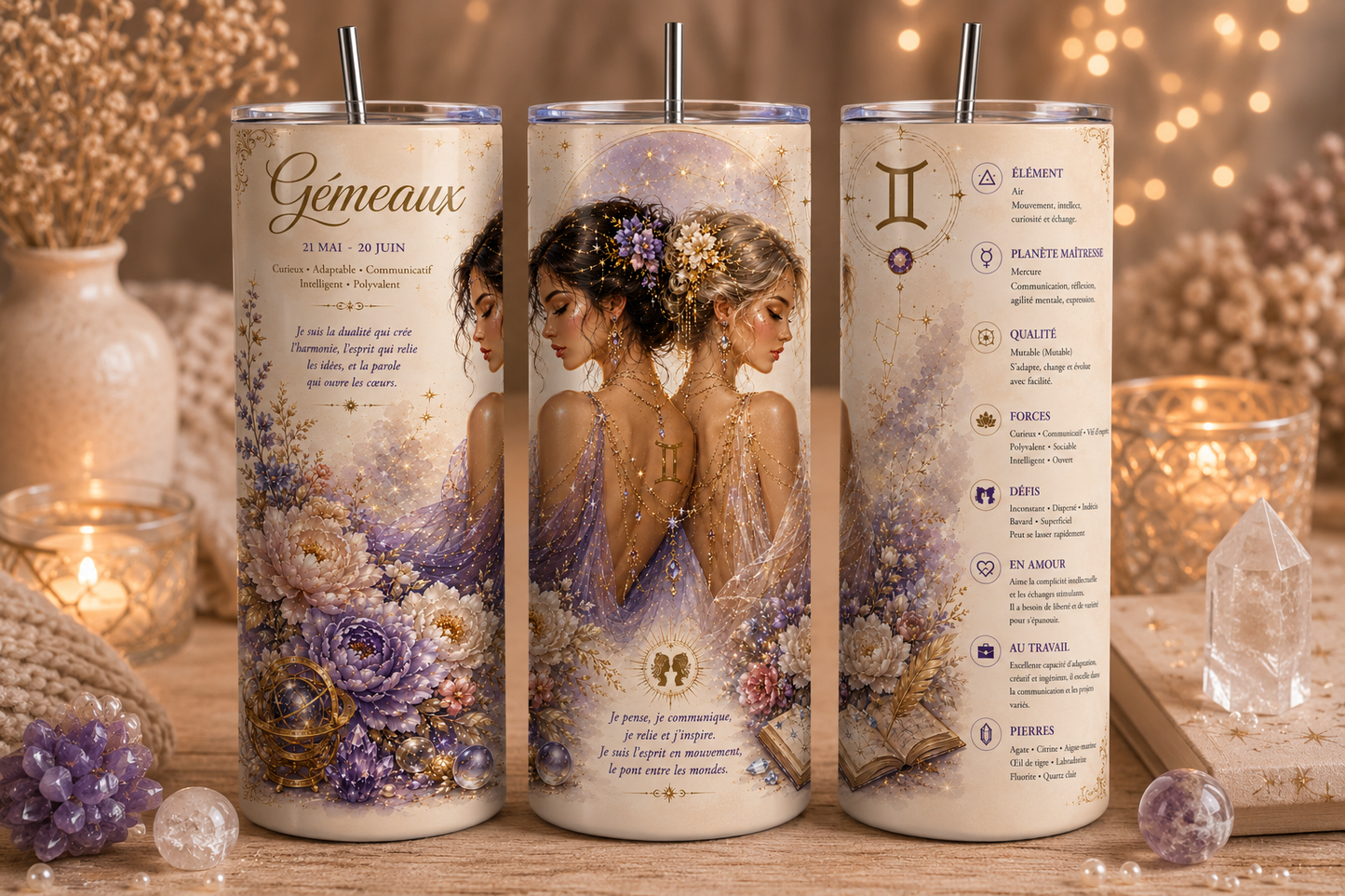 Gobelet Isotherme Signe du zodiaque "Plusieurs Modèles Disponibles"-20oz – Tumbler Astrologie avec Paille Métal