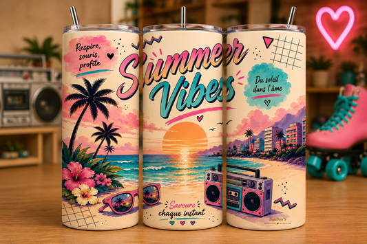 Gobelet Isotherme 80's "Summer Vibes" 20oz – Tumbler Rétro | Vintage avec Paille Métal