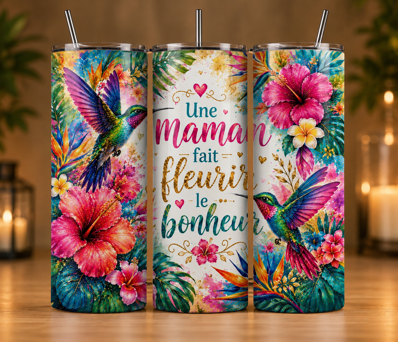 Gobelet Isotherme "Colibri" 20oz – Tumbler Maman avec Paille Métal