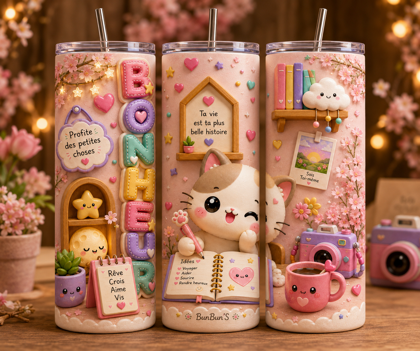 Gobelet Isotherme Chat "Bonheur" 20oz – Tumbler Kawaii avec Paille Métal