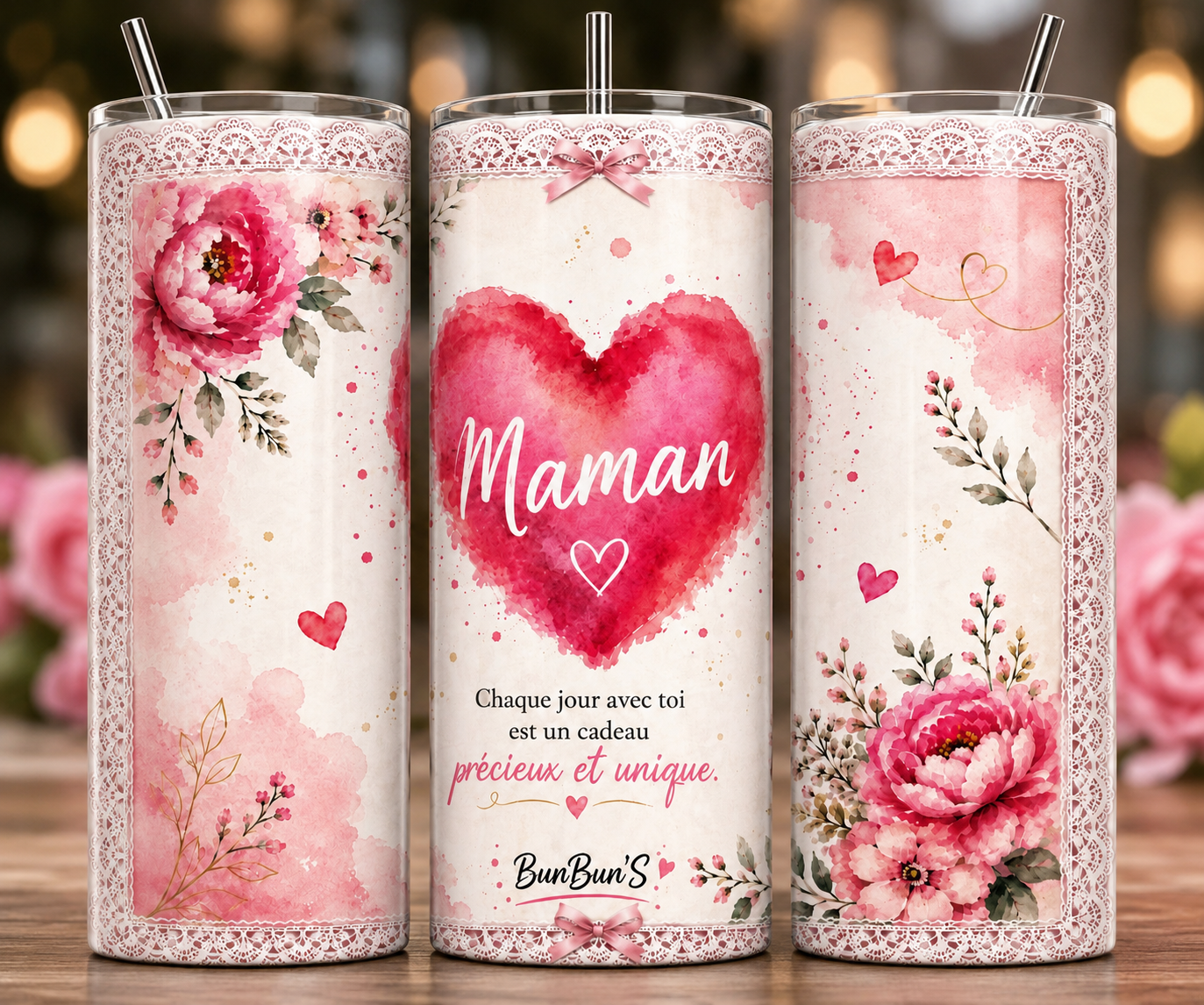 Gobelet Isotherme "Cœur Rose" 20oz – Tumbler Maman avec Paille Métal