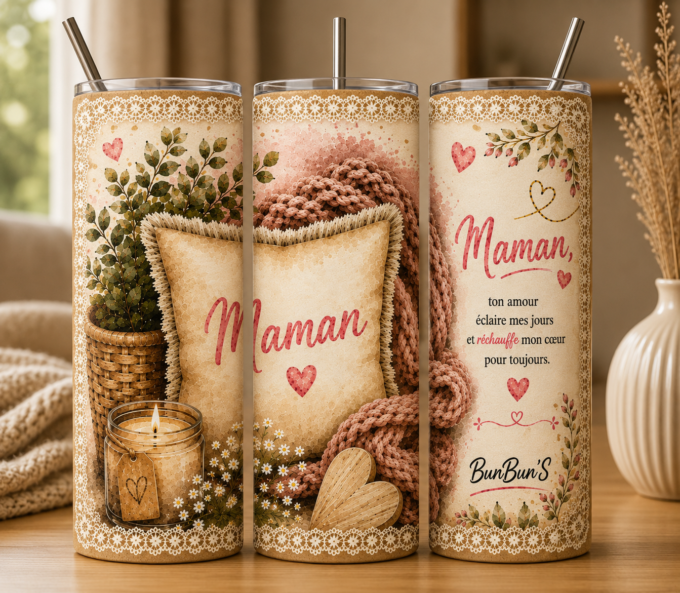Gobelet Isotherme "Coussin Fleurs" 20oz – Tumbler Maman avec Paille Métal