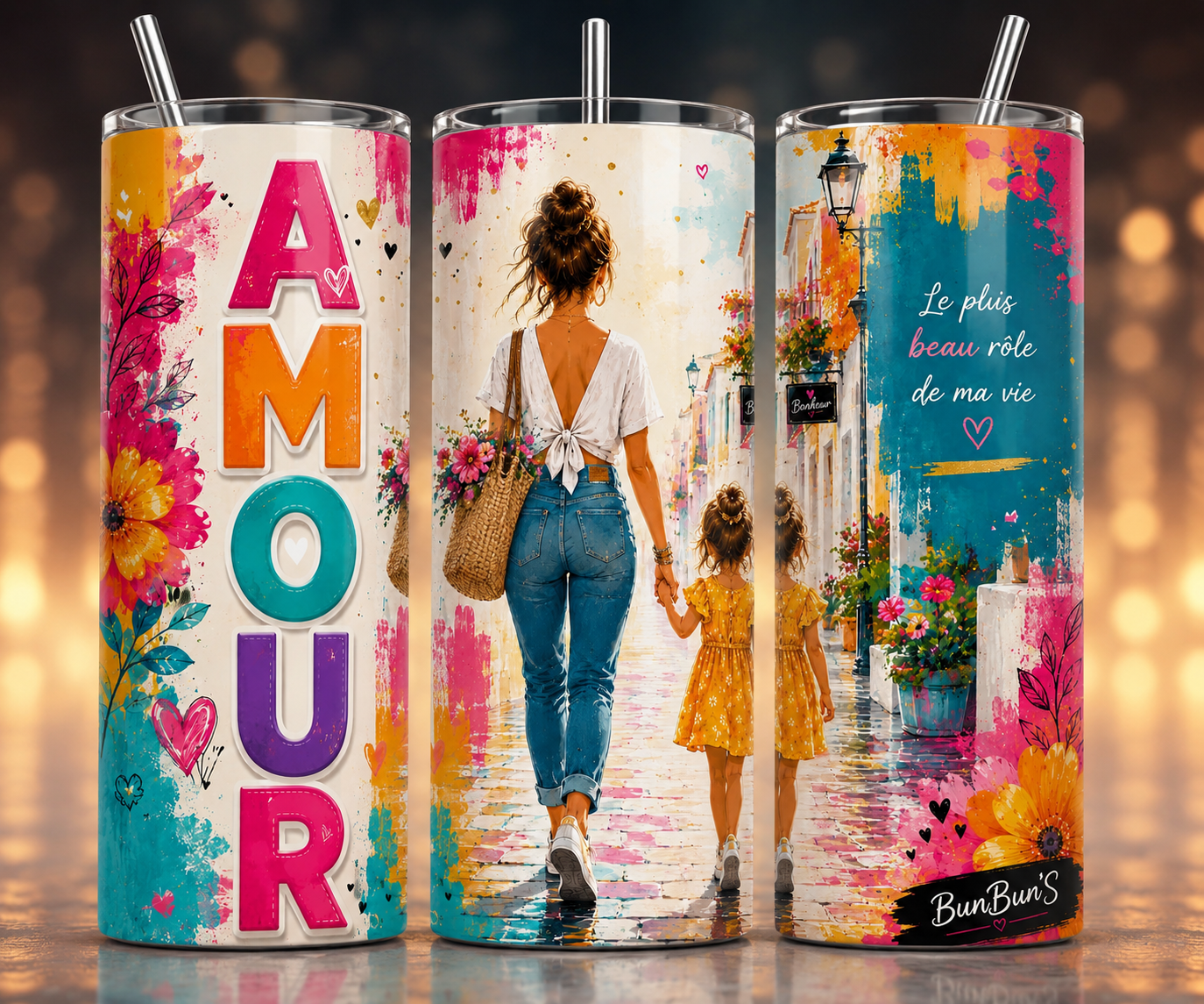 Gobelet Isotherme Maman +Enfant "Amour" 20oz – Tumbler Maman avec Paille Métal