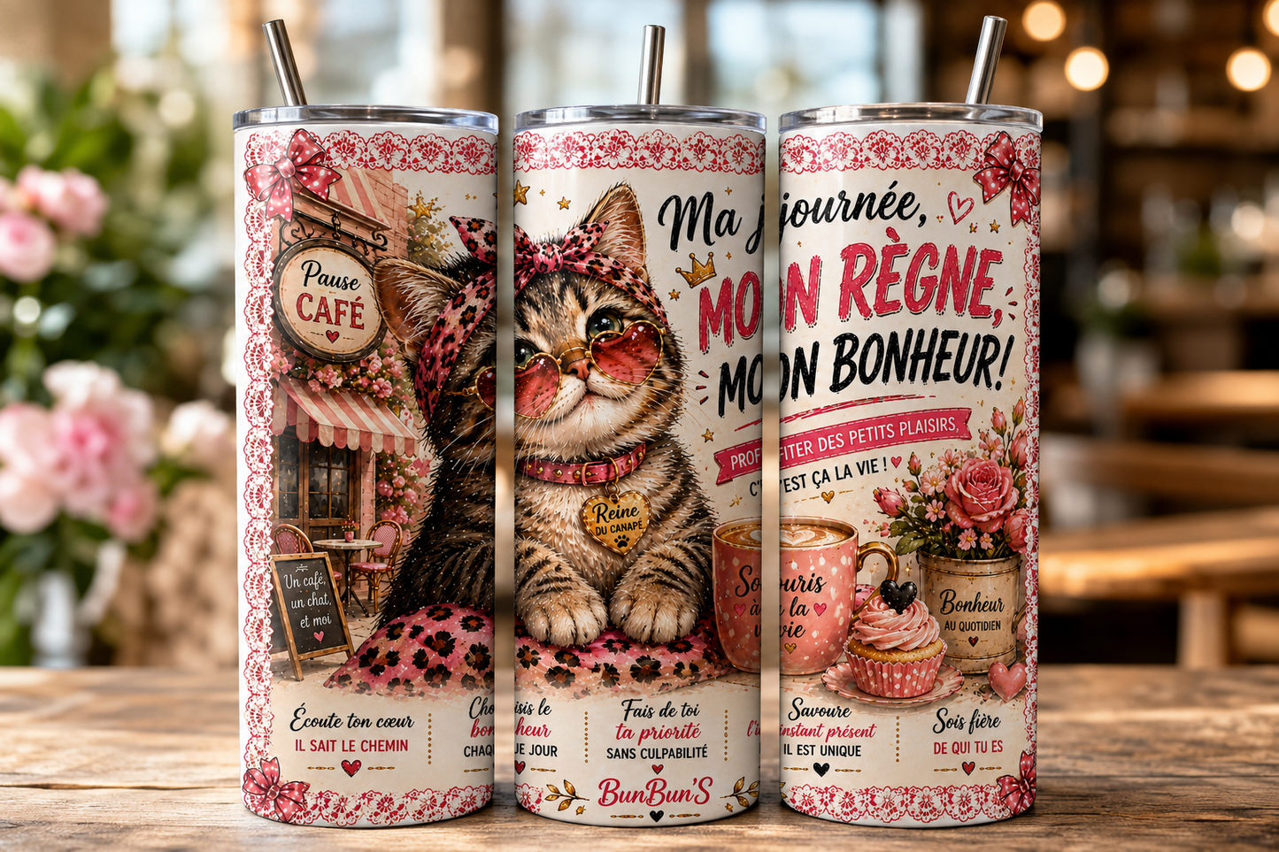 Gobelet Isotherme Chat "Mon Règne "20oz – Tumbler Animaux avec Paille Métal