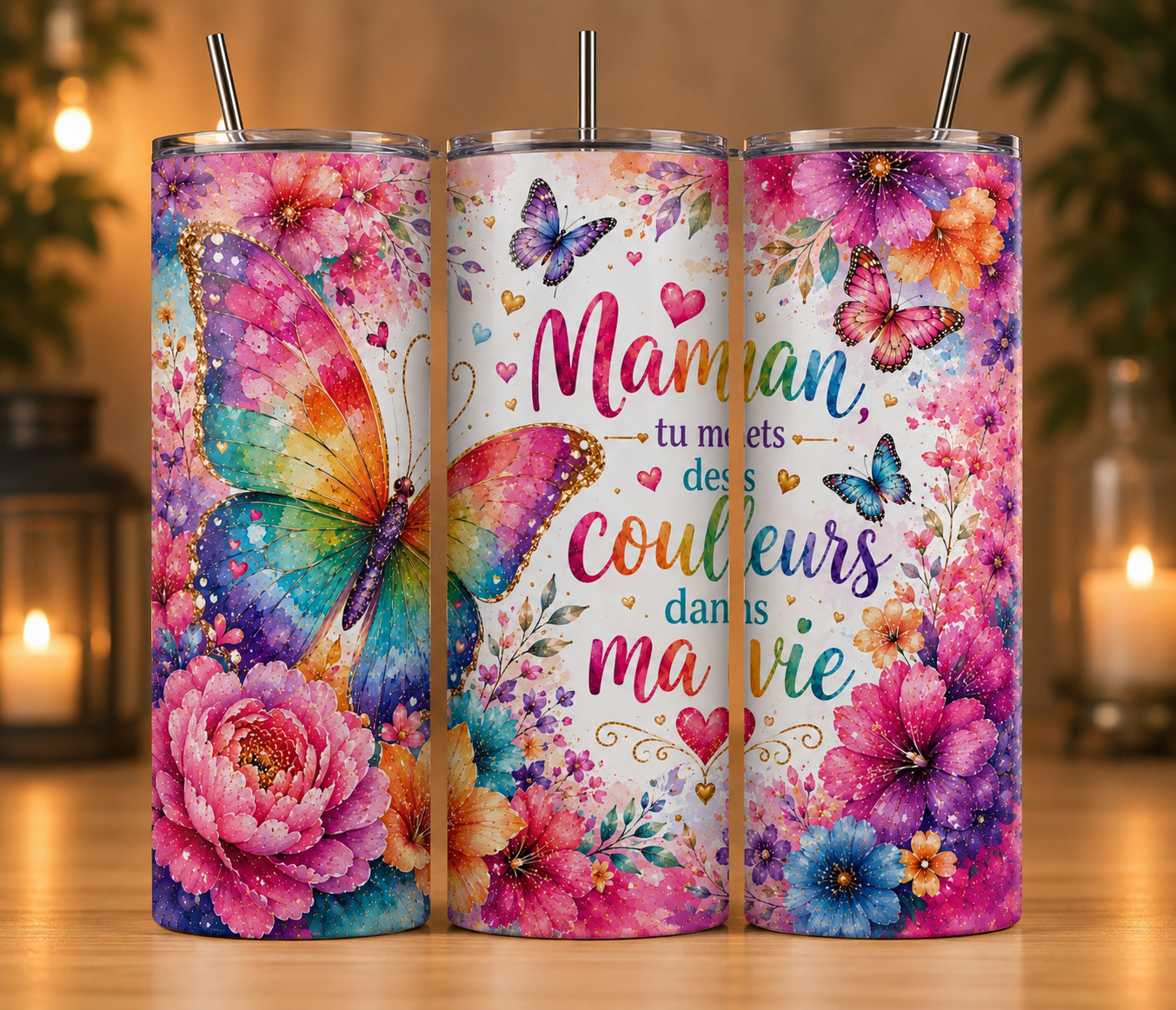 Gobelet Isotherme "Papillon" 20oz – Tumbler Maman avec Paille Métal