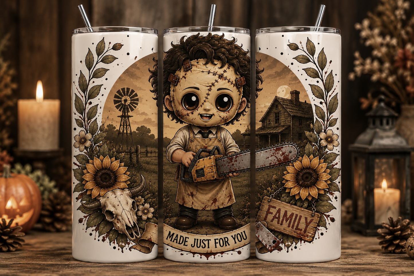 Gobelet Isotherme LeatherFace "Made Just For You" 20oz – Tumbler Horreur Chibi avec Paille Métal