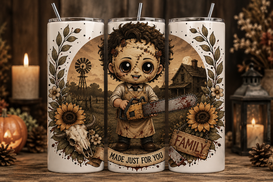 Gobelet Isotherme LeatherFace "Made Just For You" 20oz – Tumbler Horreur Chibi avec Paille Métal