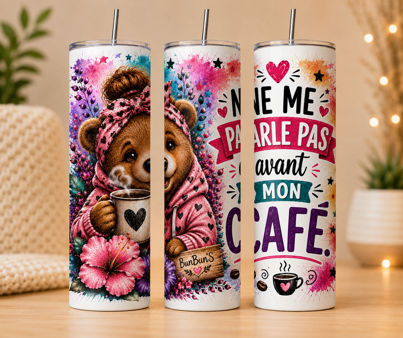 Ne Me Parle Pas Avant Mon Café | Mug Anse Cœur 11 oz ou Tumbler Isotherme 20 oz | Ours Floral | Positive Attitude