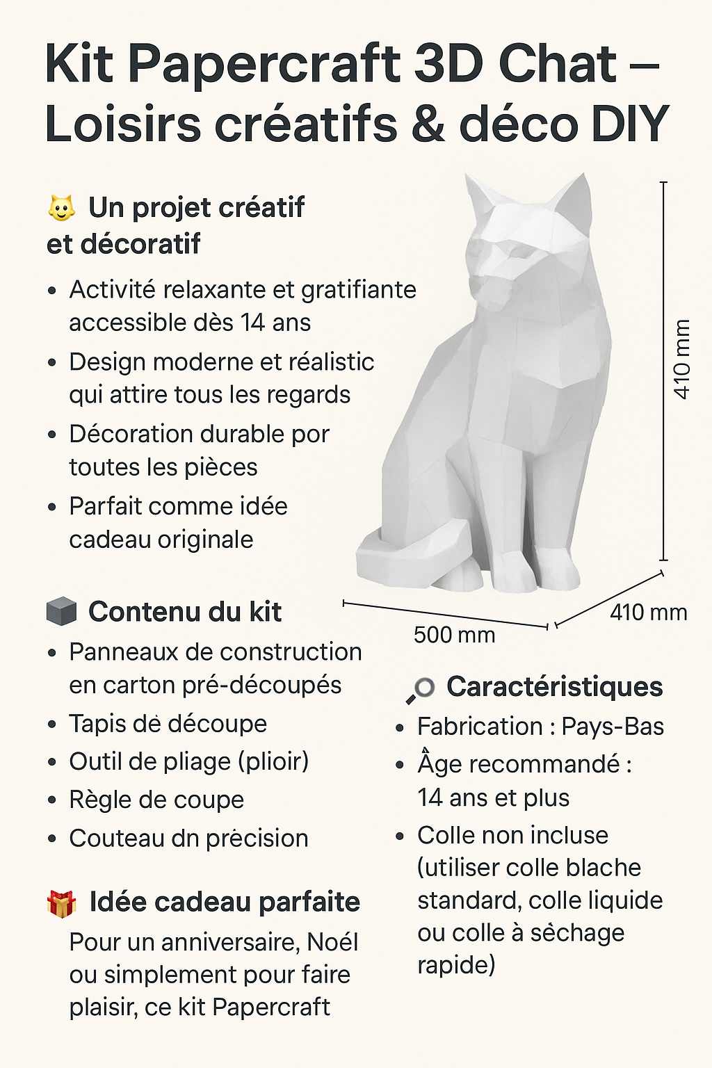Chat Papercraft 3D – Kit de bricolage élégant et créatif DIY