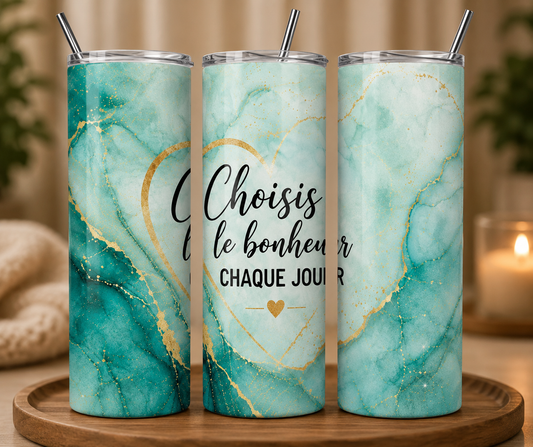 Gobelet Isotherme "Choisis Le Bonheur" 20oz – Tumbler Motivation avec Paille Métal