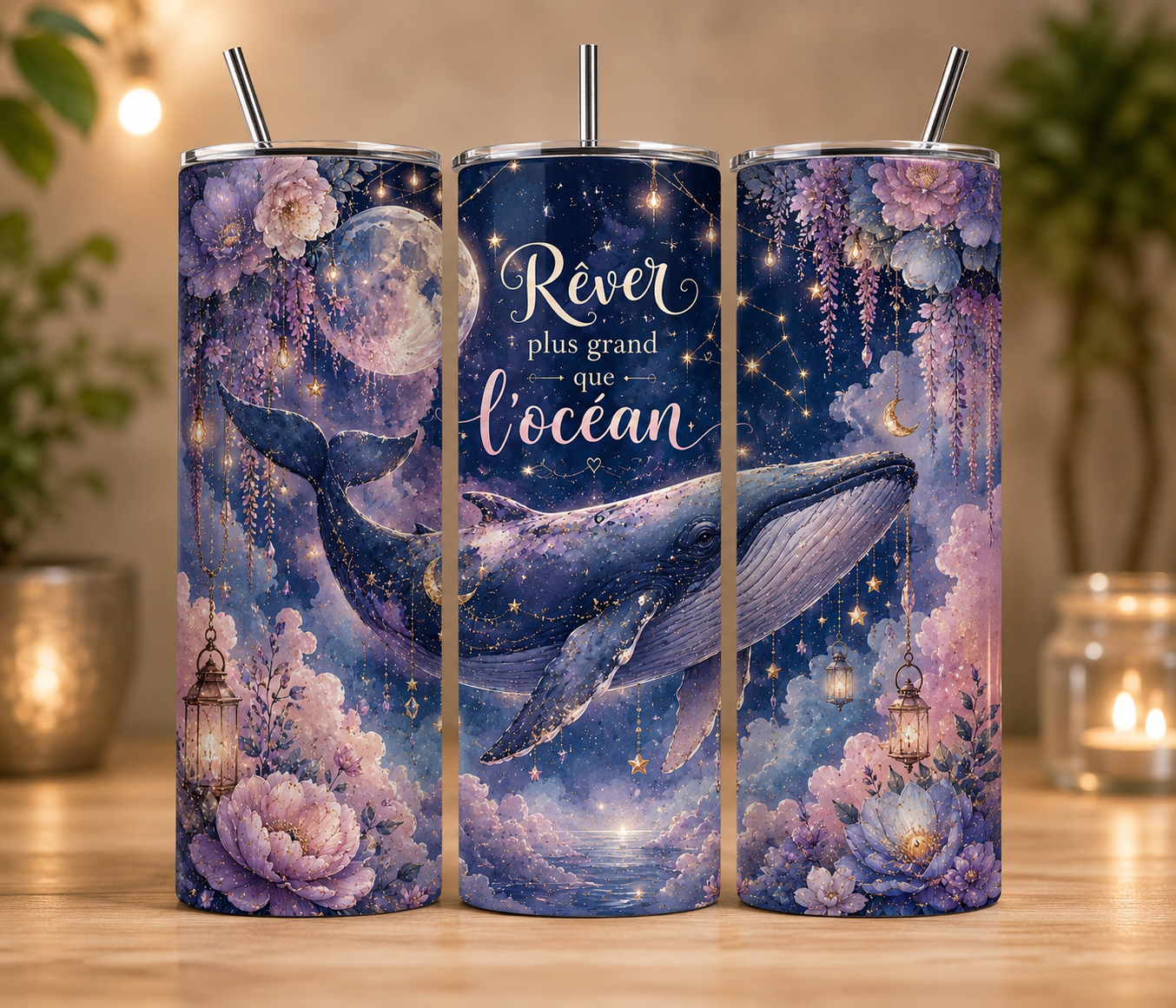 Gobelet Isotherme Baleine "Rêver" 20oz – Tumbler avec Paille Métal