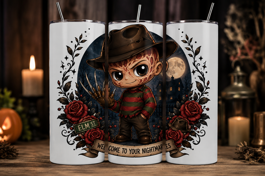 Gobelet Isotherme Freddy Kruger "Welcome To Your Nightmares" 20oz – Tumbler Horreur Chibi avec Paille Métal