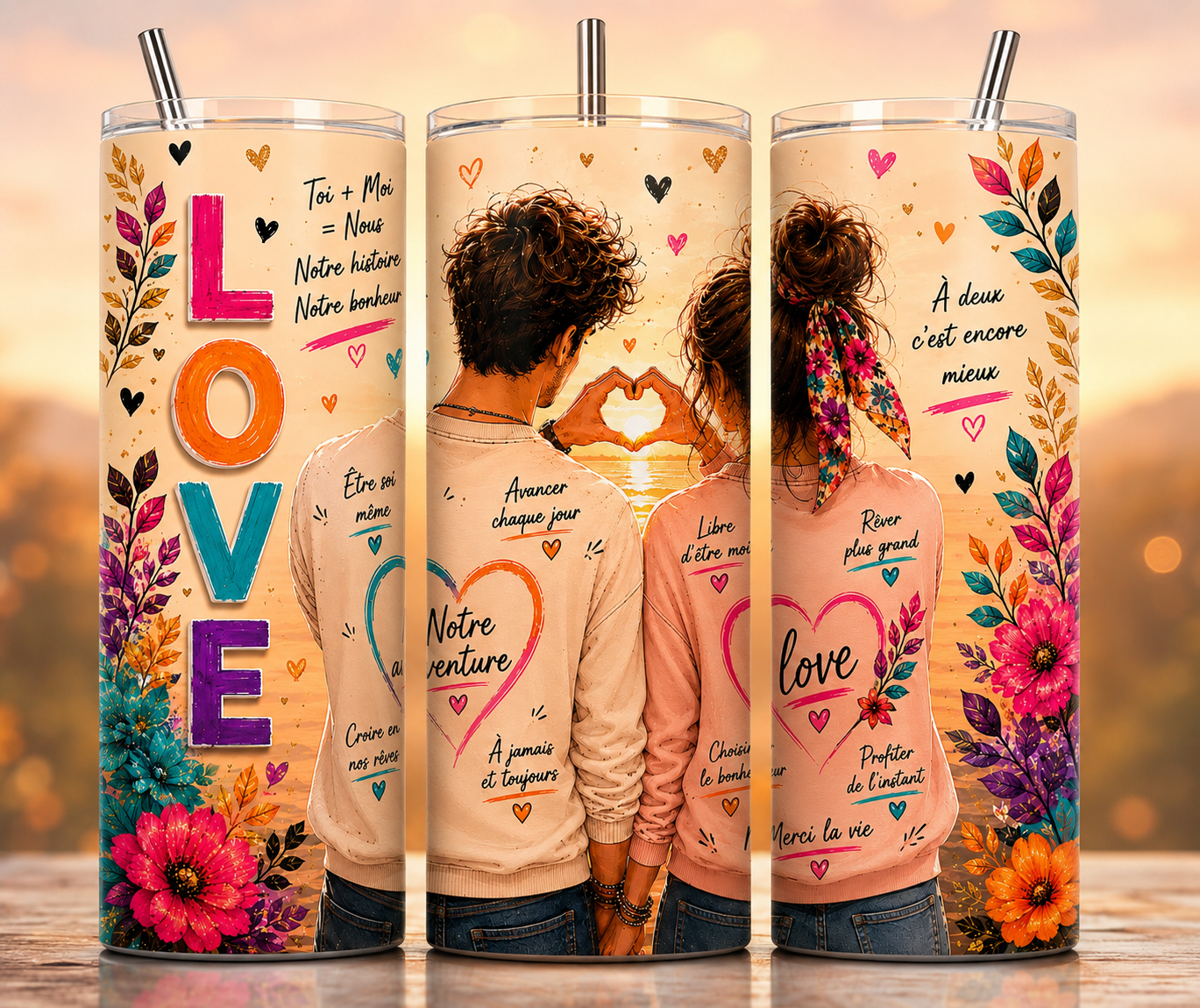 Gobelet Isotherme Amoureux "Love" 20oz – Tumbler Ondes Positives avec Paille Métal