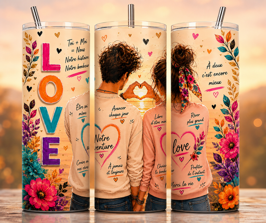 Gobelet Isotherme Amoureux "Love" 20oz – Tumbler Ondes Positives avec Paille Métal