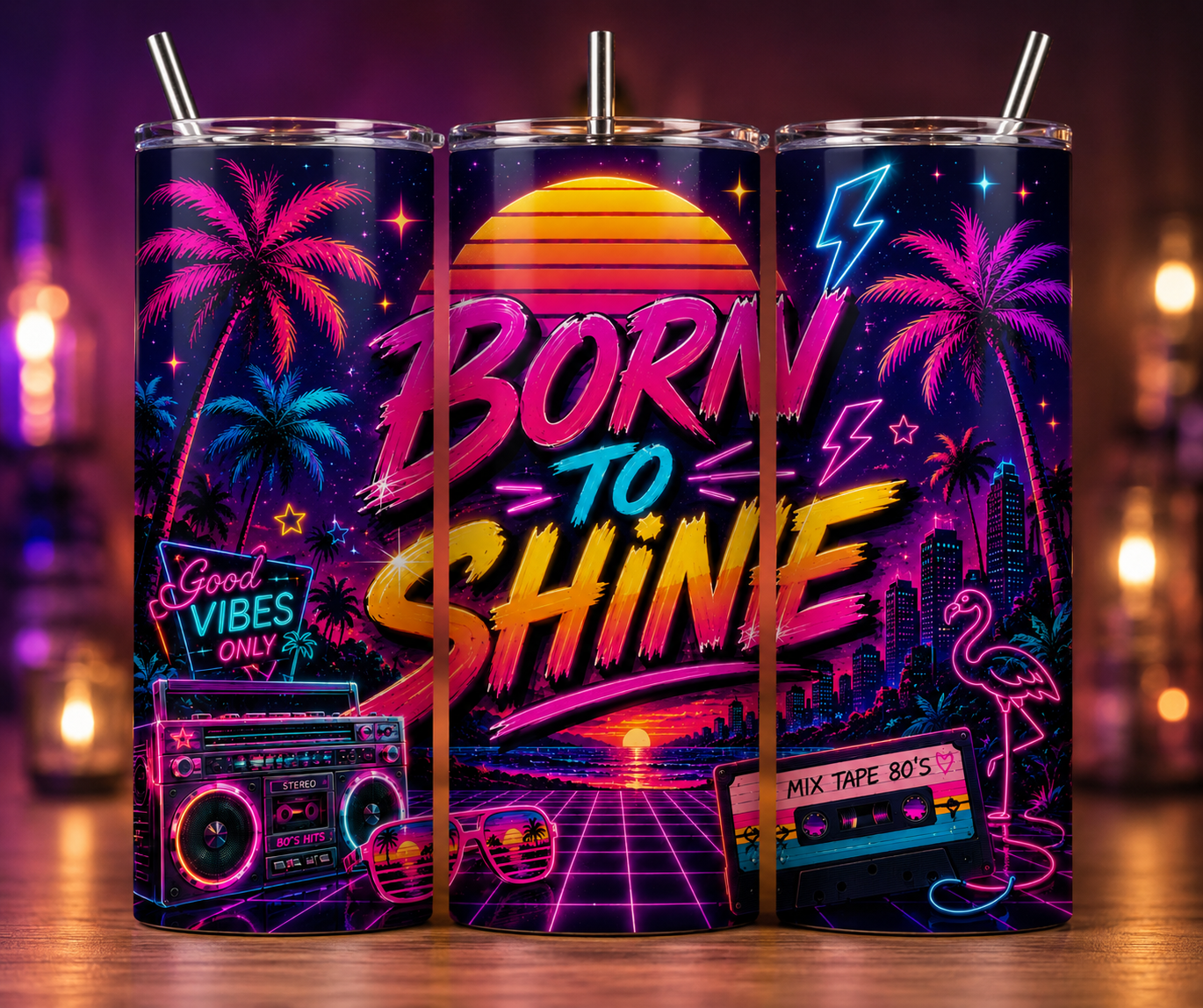 Gobelet Isotherme "Born To Shine 80's" 20oz – Tumbler Rétro avec Paille Métal