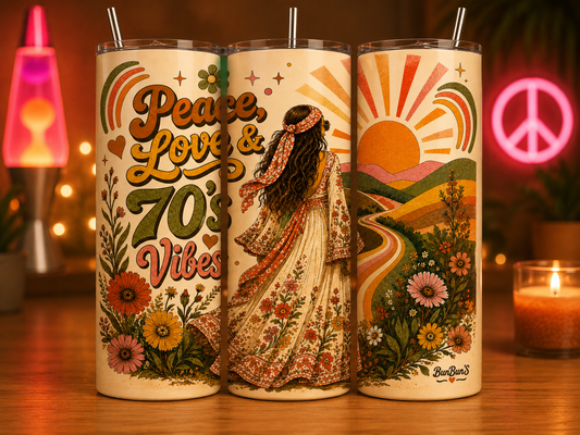 Gobelet Isotherme Hippie 70's "Peace & Love" 20oz – Tumbler Rétro | Vintage avec Paille Métal