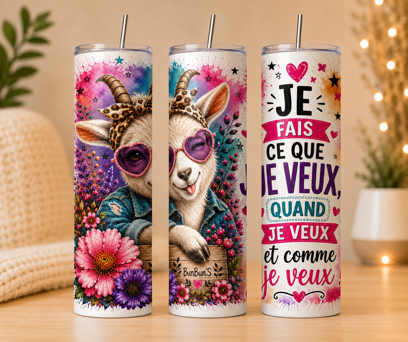 Je Fais Ce Que Je Veux Quand Je Veux | Mug Anse Cœur 11 oz ou Tumbler Isotherme 20 oz | Chèvre Floral | Positive Attitude