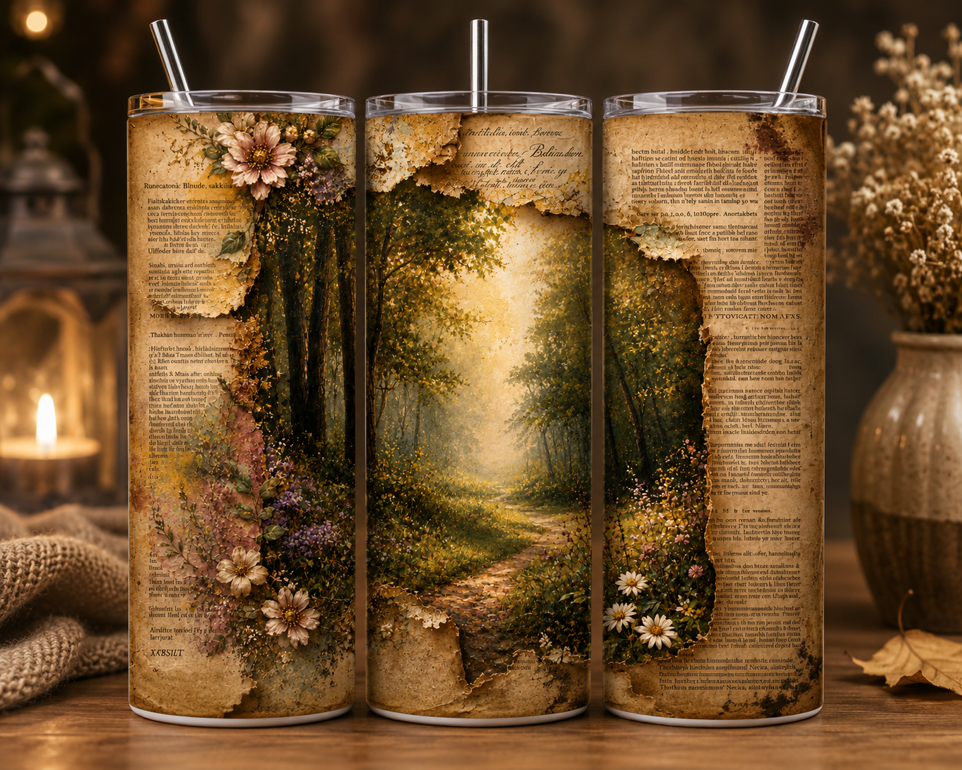Gobelet Isotherme Page Livre Forêt 20oz – Tumbler Féérique avec Paille Métal