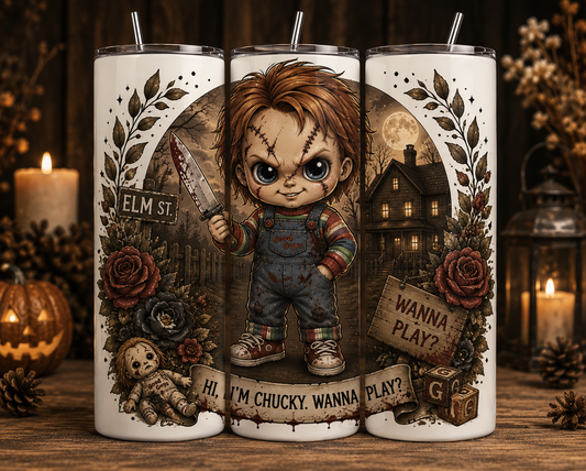 Gobelet Isotherme Chucky "Wanna Play?" 20oz – Tumbler Horreur Chibi avec Paille Métal