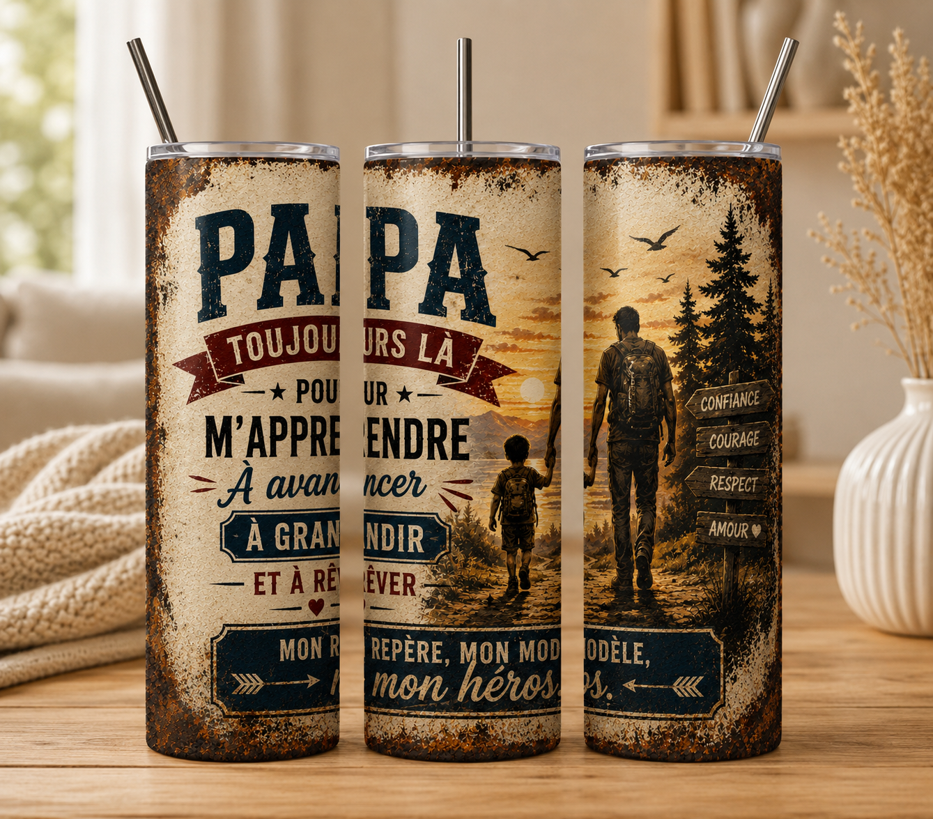 Gobelet Isotherme PAPA effet plaque "Plusieurs Modèles Disponibles" 20oz – Tumbler Papa avec Paille Métal