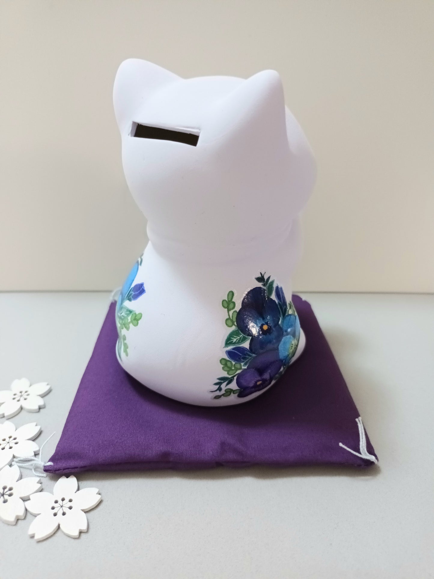 Tirelire Maneki-Neko Violet Fleuri