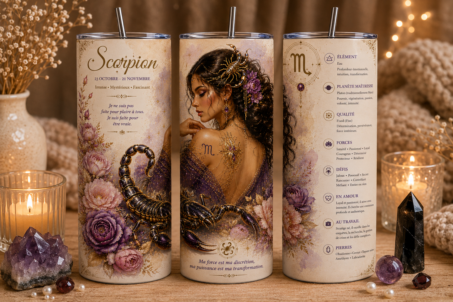 Gobelet Isotherme Signe du zodiaque "Plusieurs Modèles Disponibles"-20oz – Tumbler Astrologie avec Paille Métal