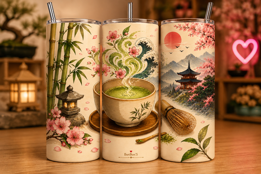 Gobelet Isotherme "Thé Matcha" 20oz – Tumbler Ambiance Asiatique avec Paille Métal