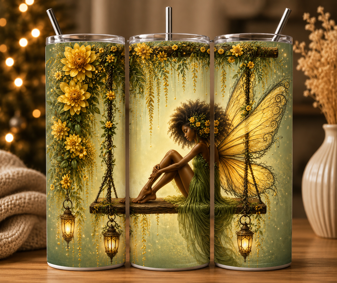 Gobelet Isotherme Fée Jaune Fleurs 20oz – Tumbler Féérique avec Paille Métal