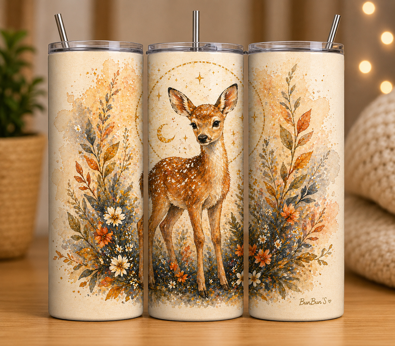 Gobelet Isotherme Faon Bohème 20oz – Tumbler Animaux avec Paille Métal