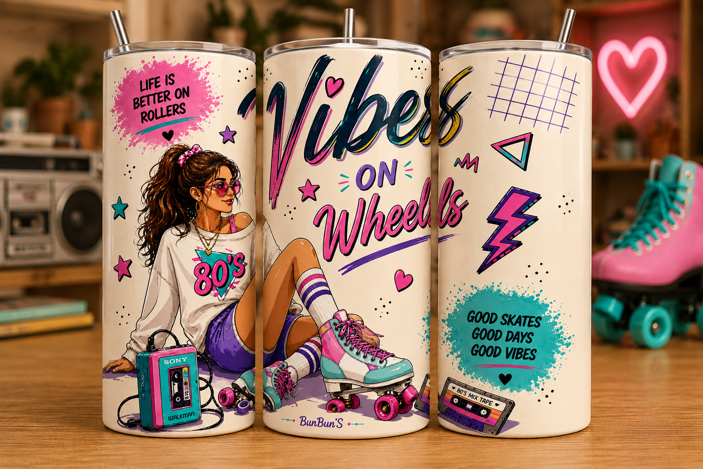 Gobelet Isotherme 80's "Vibes On Wheels" 20oz – Tumbler Rétro | Vintage avec Paille Métal
