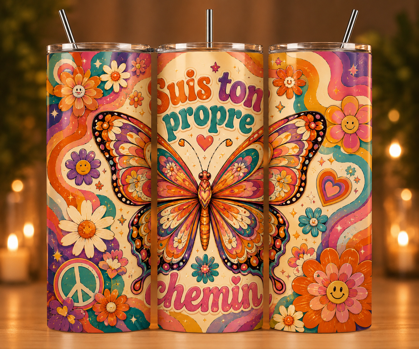 Gobelet Isotherme Papillon "Suis Ton Propre Chemin" 20oz – Tumbler Rétro avec Paille Métal
