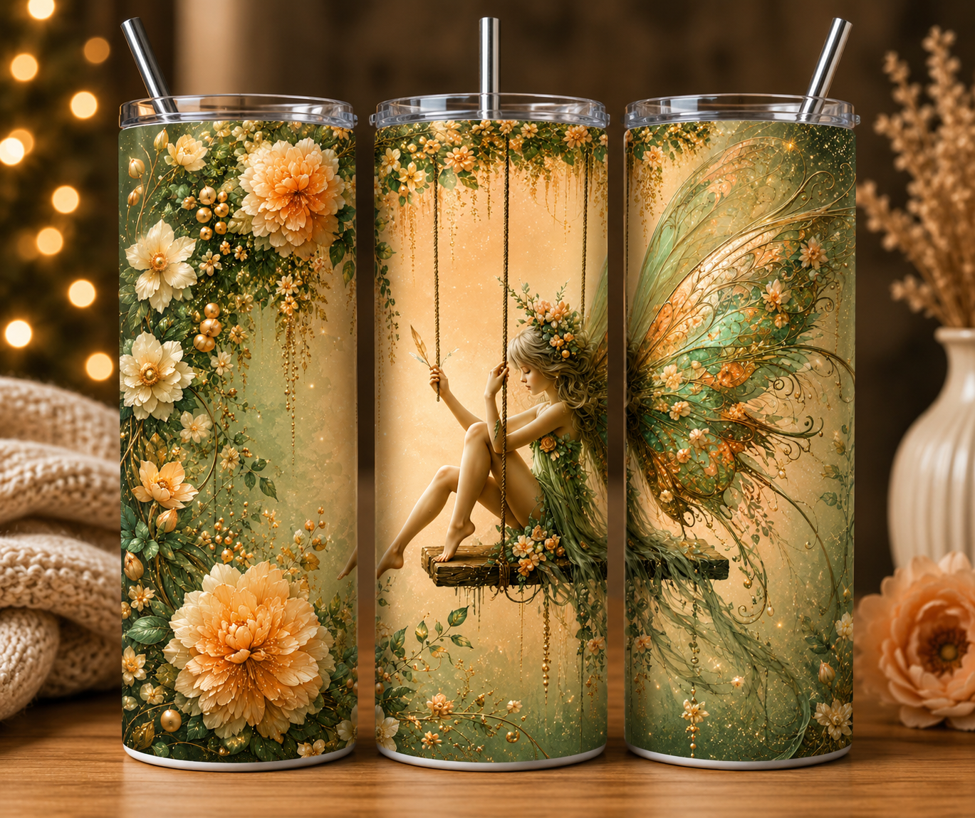 Gobelet Isotherme Fée Verte Fleurs 20oz – Tumbler Féérique avec Paille Métal