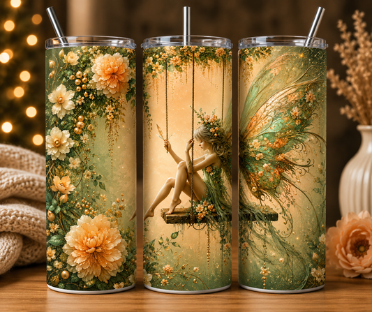 Gobelet Isotherme Fée Verte Fleurs 20oz – Tumbler Féérique avec Paille Métal