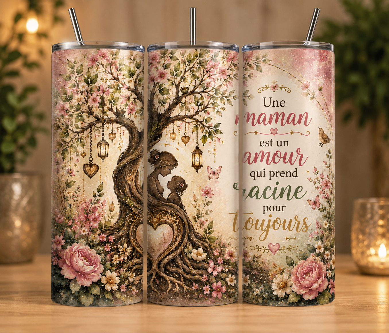 Gobelet Isotherme "Arbre de Vie" 20oz – Tumbler Maman avec Paille Métal