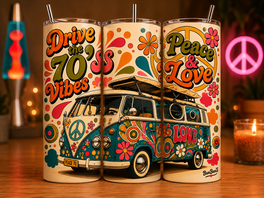 Gobelet Isotherme Combi Van 70's "Peace & Love" 20oz – Tumbler Rétro | Vintage avec Paille Métal