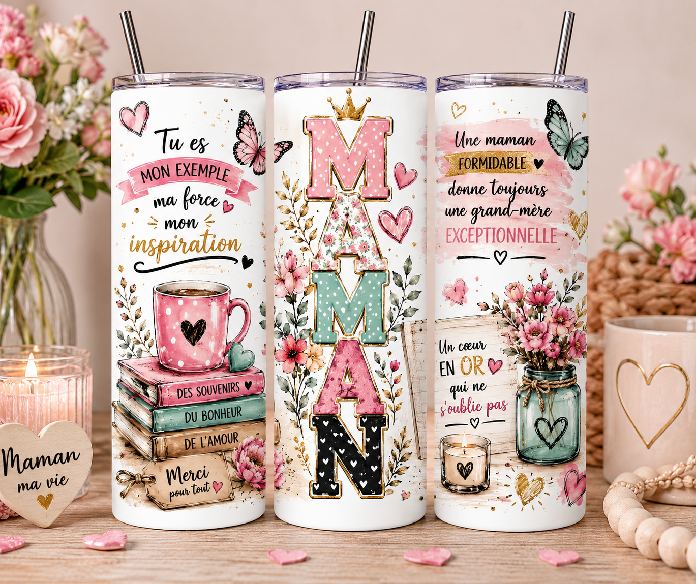 Gobelet Isotherme Maman Coloré "Plusieurs Modèles Disponibles" 20oz – Tumbler Maman avec Paille Métal