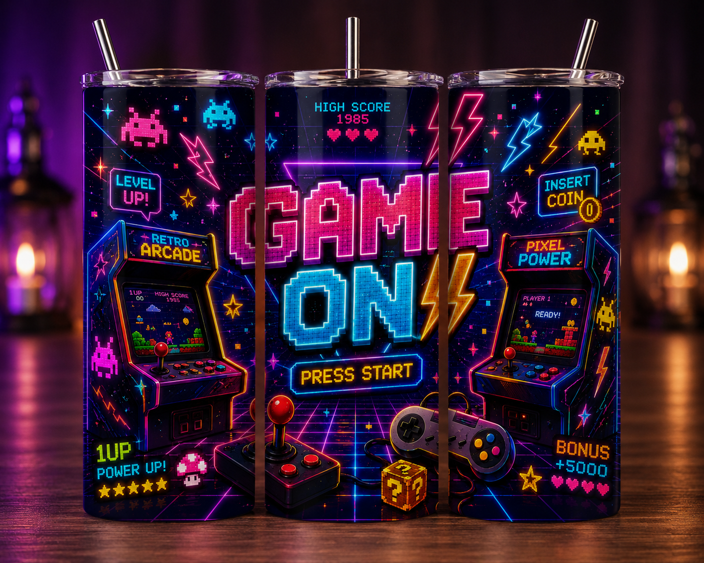 Gobelet Isotherme Arcade "Game On 80's" 20oz – Tumbler Rétro avec Paille Métal